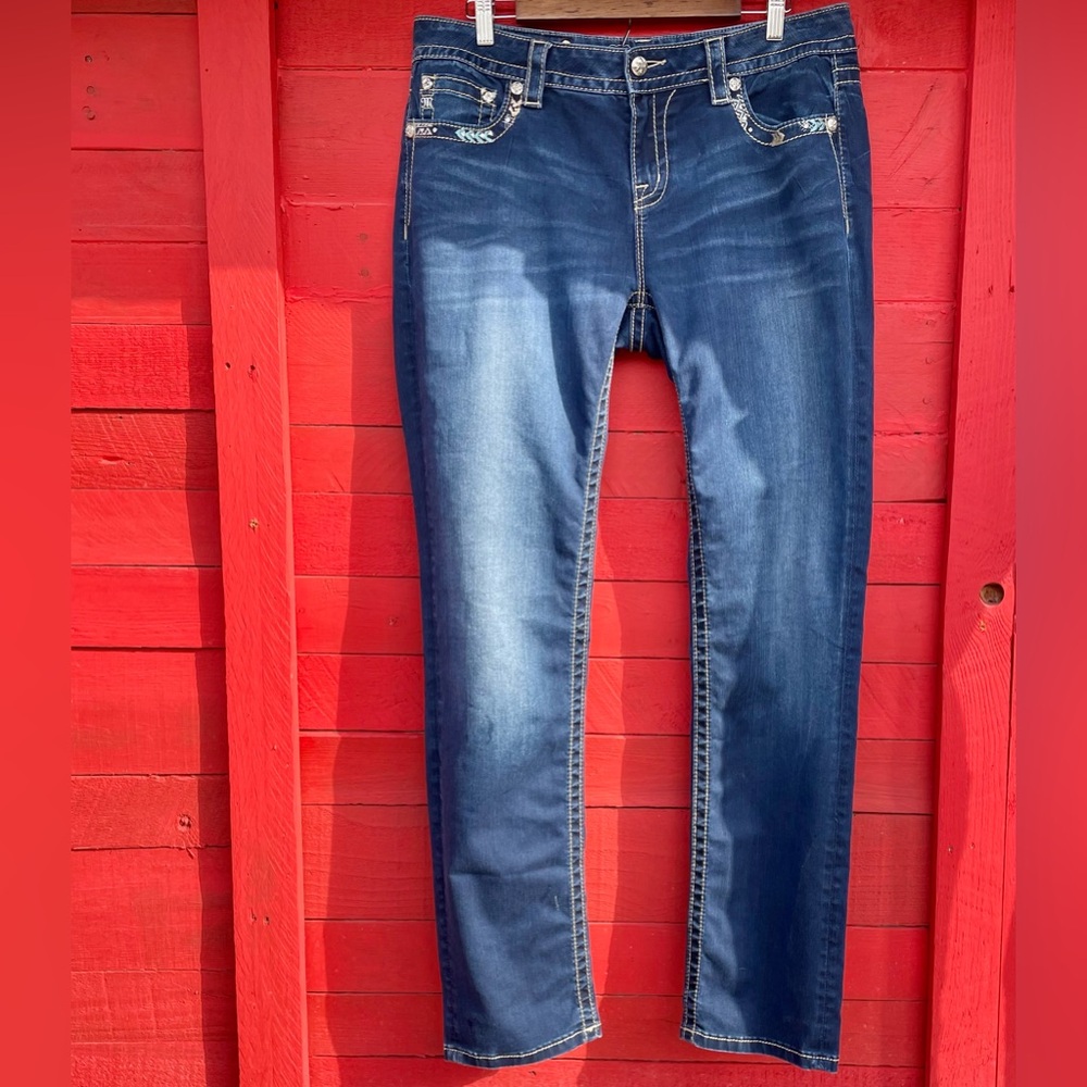 Miss Me mid rise curvy skinny straight leg dark wash embroidered jeans